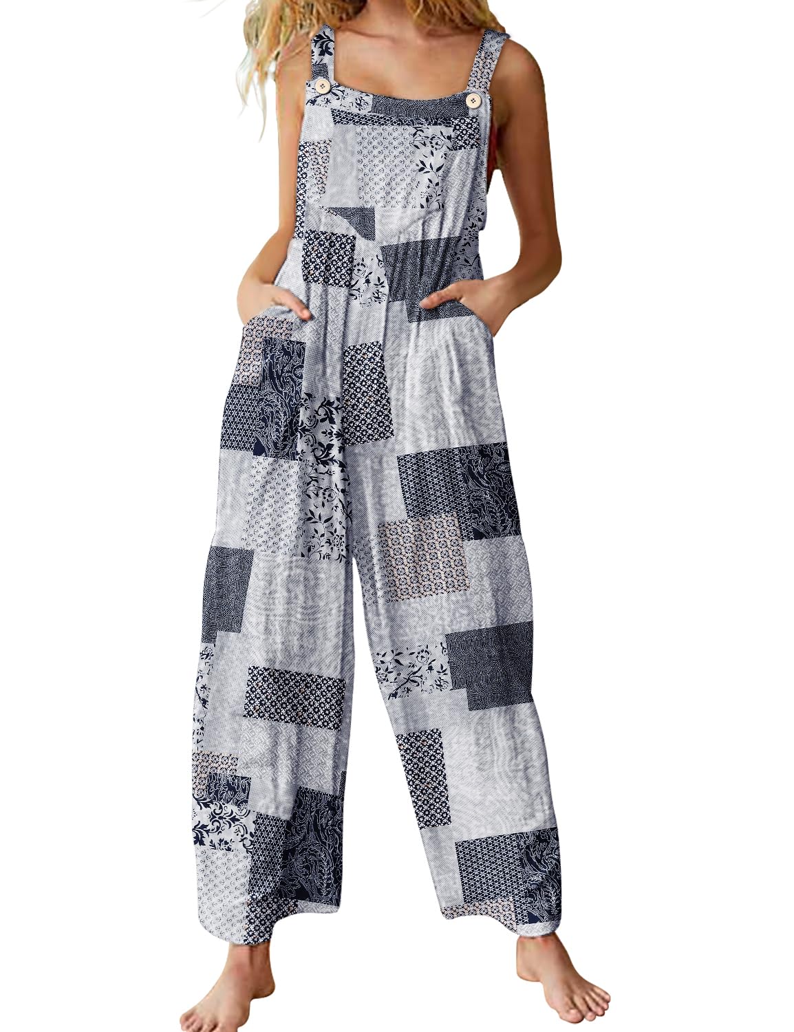 Casual Loose Summer Floral Adjustable Straps Wide Leg Overalls with Pockets