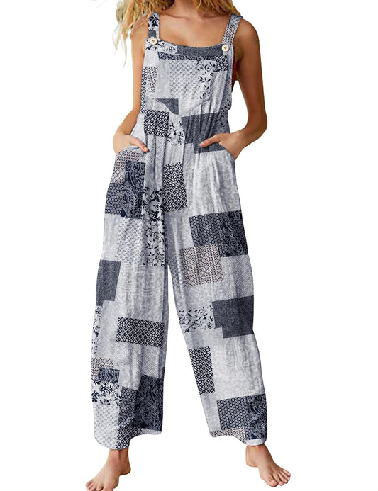 Casual Loose Summer Floral Adjustable Straps Wide Leg Overalls with Pockets