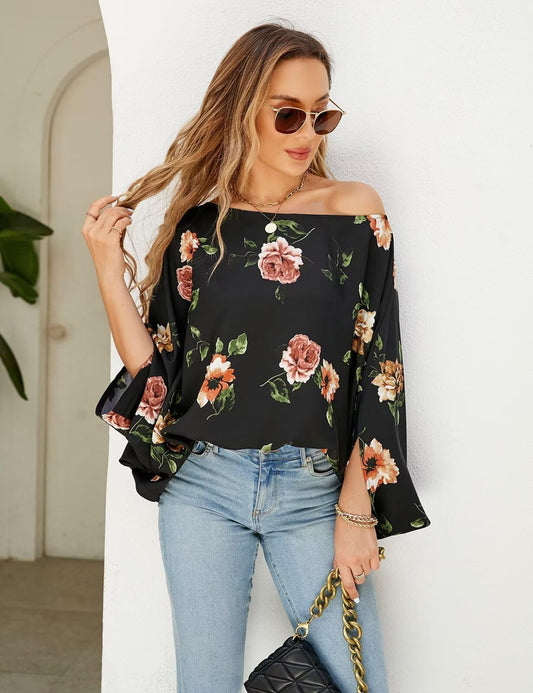 Off The Shoulder Flowy Tops Casual Batwing Sleeves