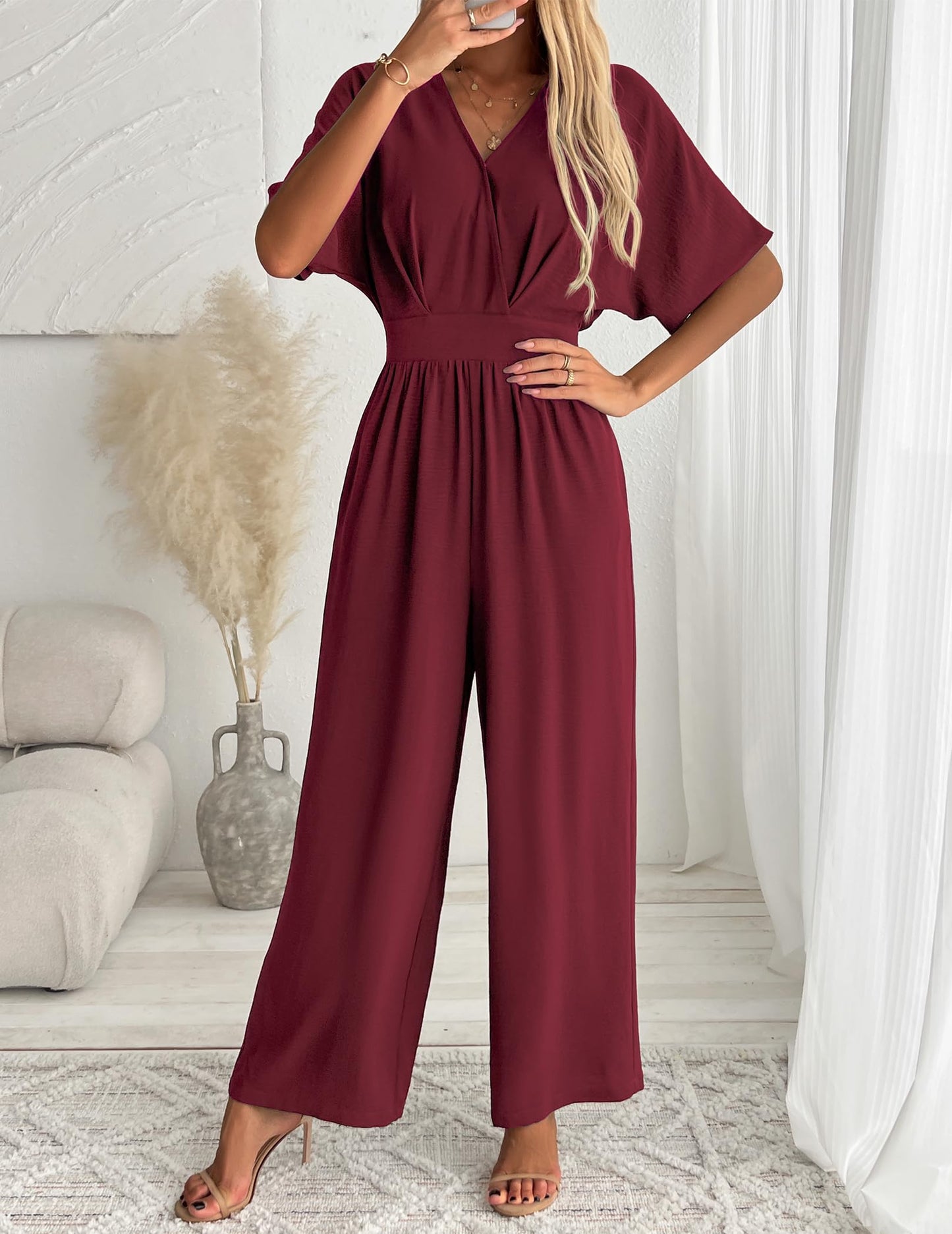 V Neck Wide Leg Pant Romper Casual Wedding Party One Piece Outfits Red