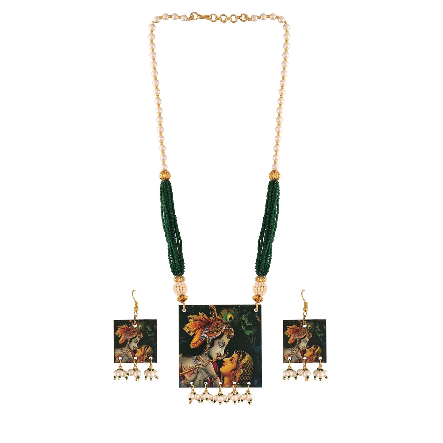 Stylish Navratri Portrait Handpainted Wooden Pearl Necklace Jewellery With Earrings Set