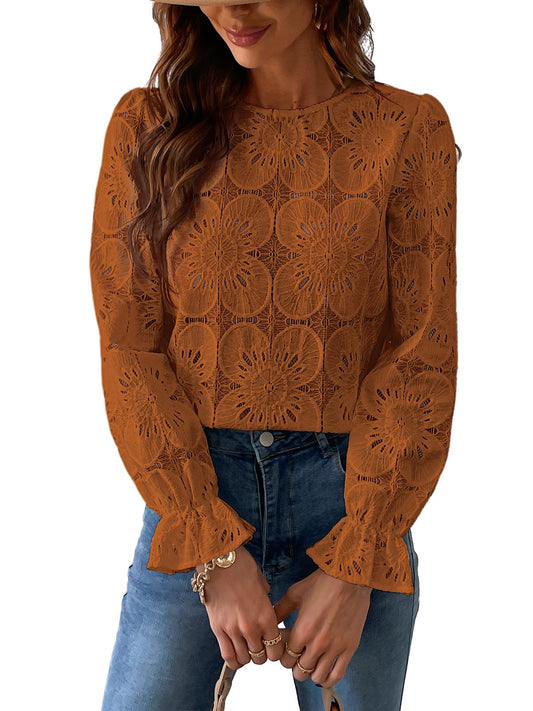 Women Eyelet Long Sleeve Tops Shirts Dressy Hollow Out Crochet Lace Embroidered