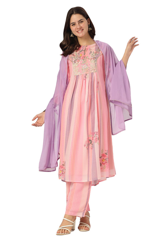 Pink Embroidered Balloon Sleeve Festive Calf Length Kurti Set