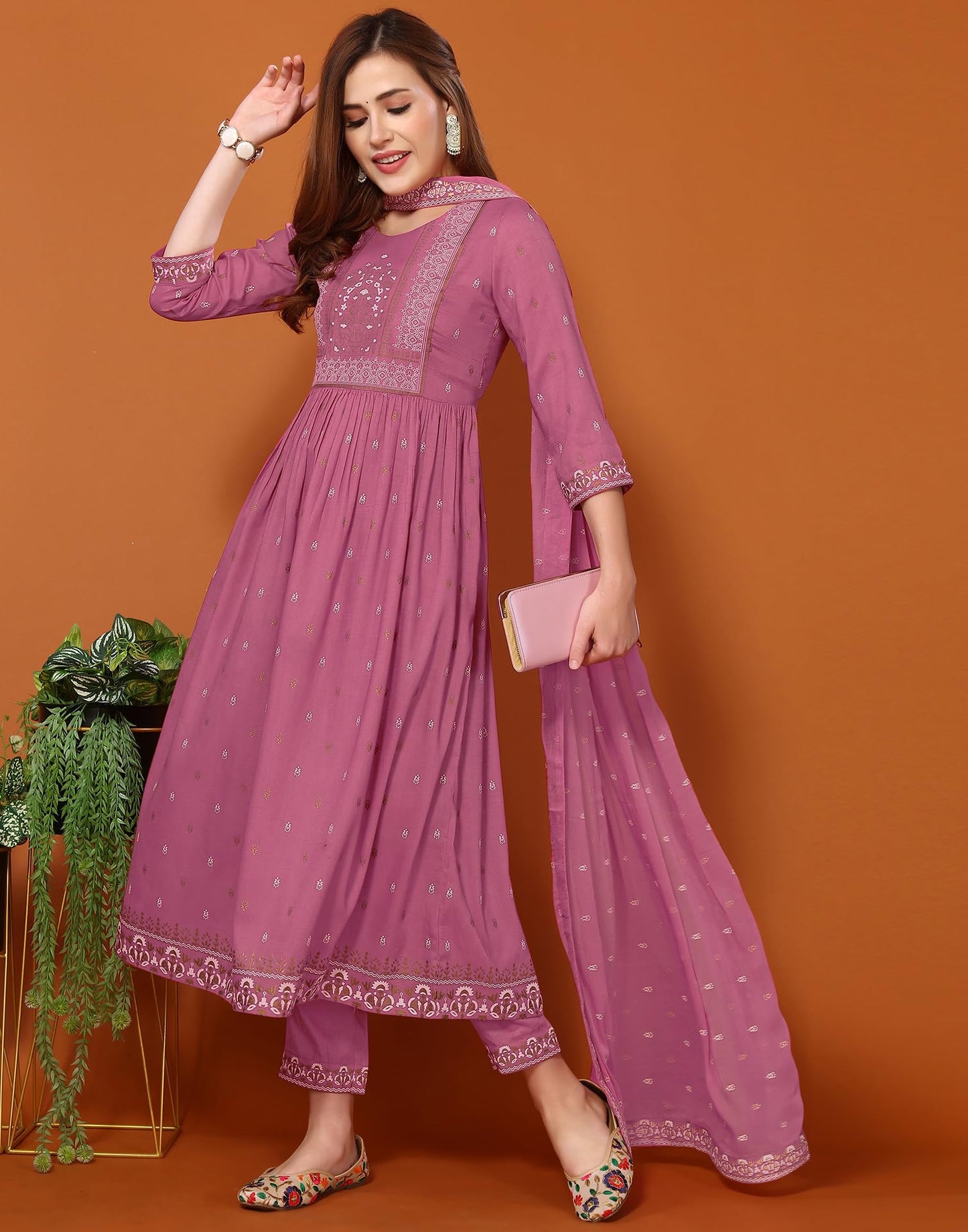 Cotton Silk Foil Printed Anarkali Kurta Pant With Dupatta Set