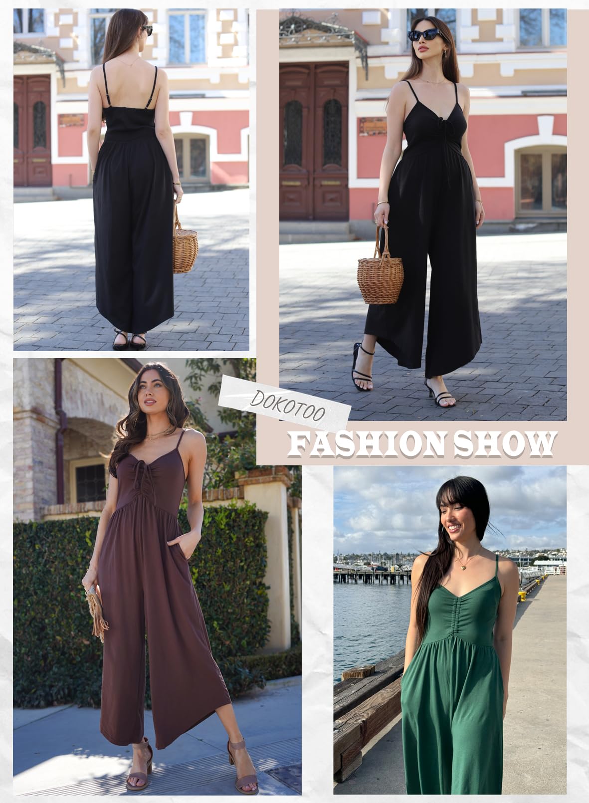 V-Neck Spaghetti Straps Fashion Ruched Drawstring Smocked Wide Leg Rompers