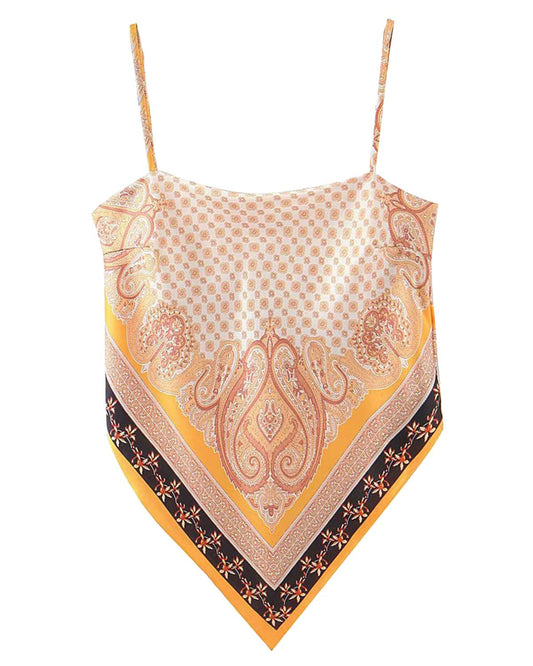Paisley Print Tie Back French Knot Hanky Hem Spaghetti Straps Handkerchief Cami Bandana Tube Crop Top
