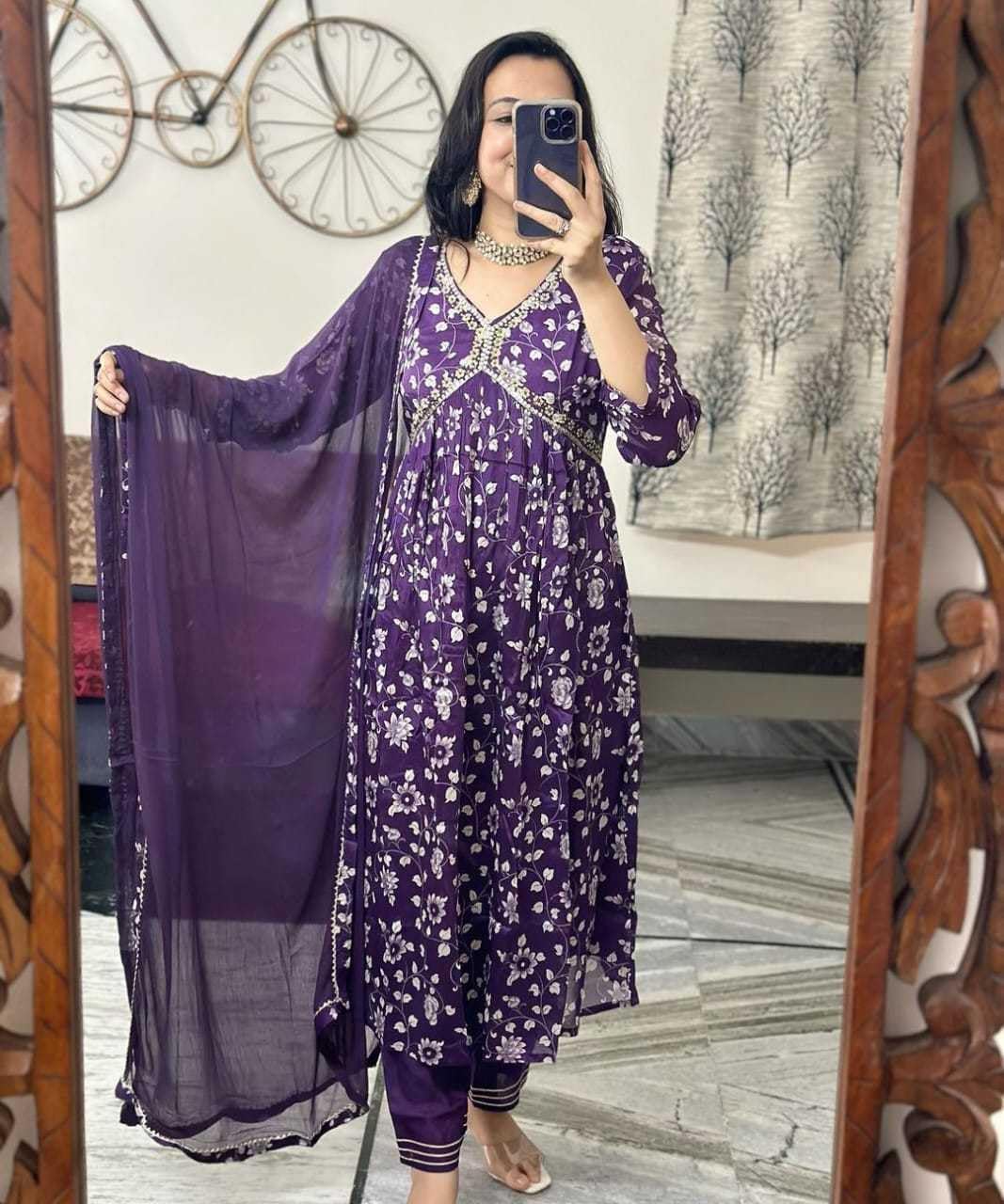 Flower Printed Alia Cut Kurti Pant and Dupaata Set