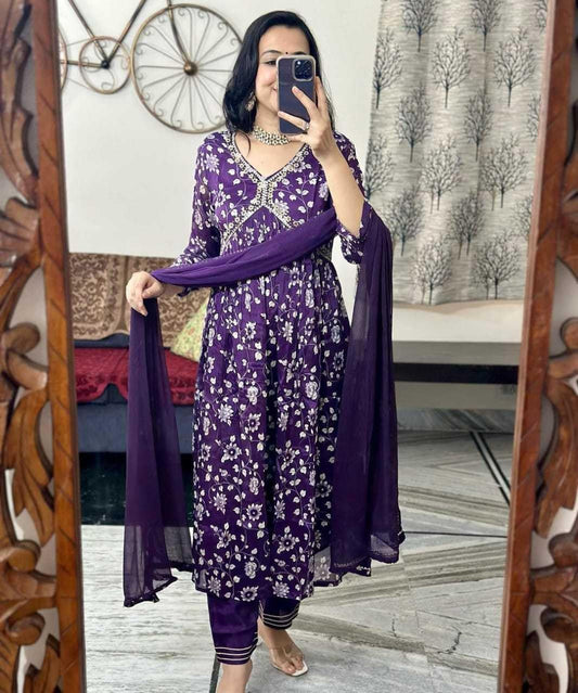 Flower Printed Alia Cut Kurti Pant and Dupaata Set