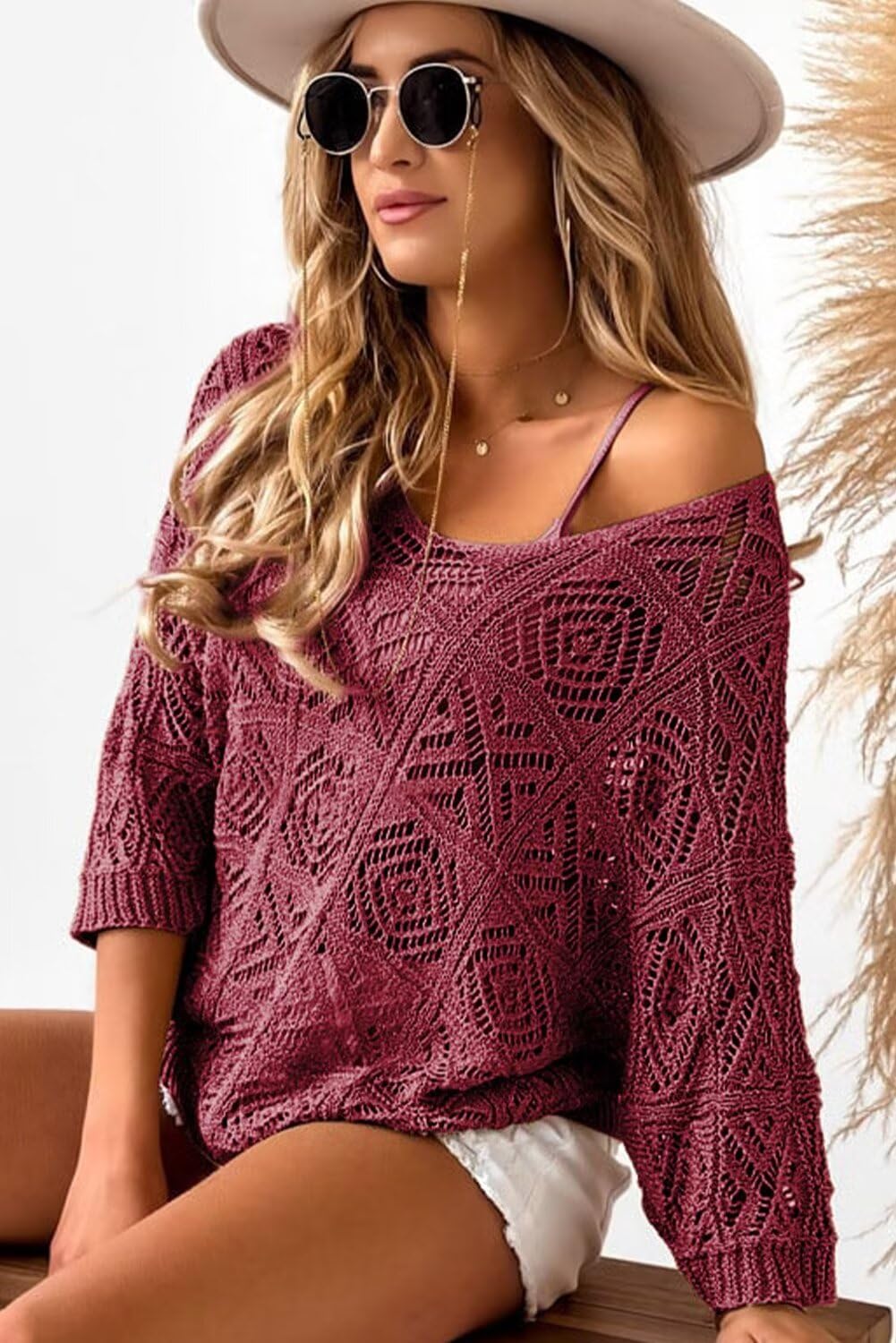 Women's 2025 Spring Summer Crochet Hollow Out 3/4 Sleeve Pullover Sweater Off Shoulder T-Shirts