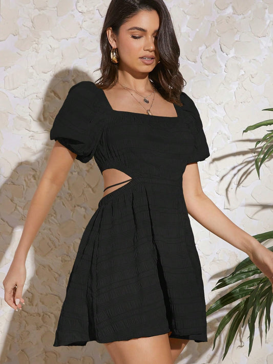 Aahwan Solid Summer Beach Square Neck Puff Sleeve Cut Out Waist Black Fit And Flare Mini Dress for Women's & Girls (263-Black-Medium)