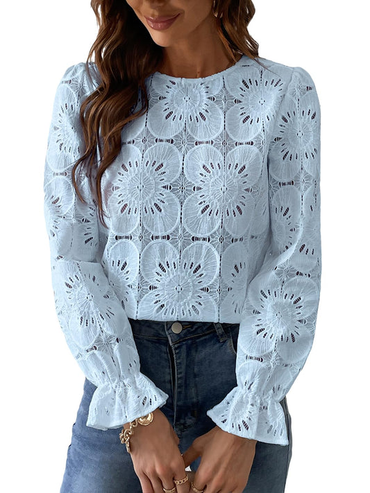 Women Eyelet Long Sleeve Tops Shirts Dressy Hollow Out Crochet Lace Embroidered