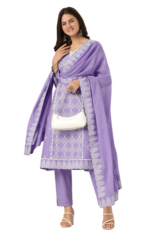 Lavender Pure Cotton Ethnic Motifs Printed A-line Kurta Set