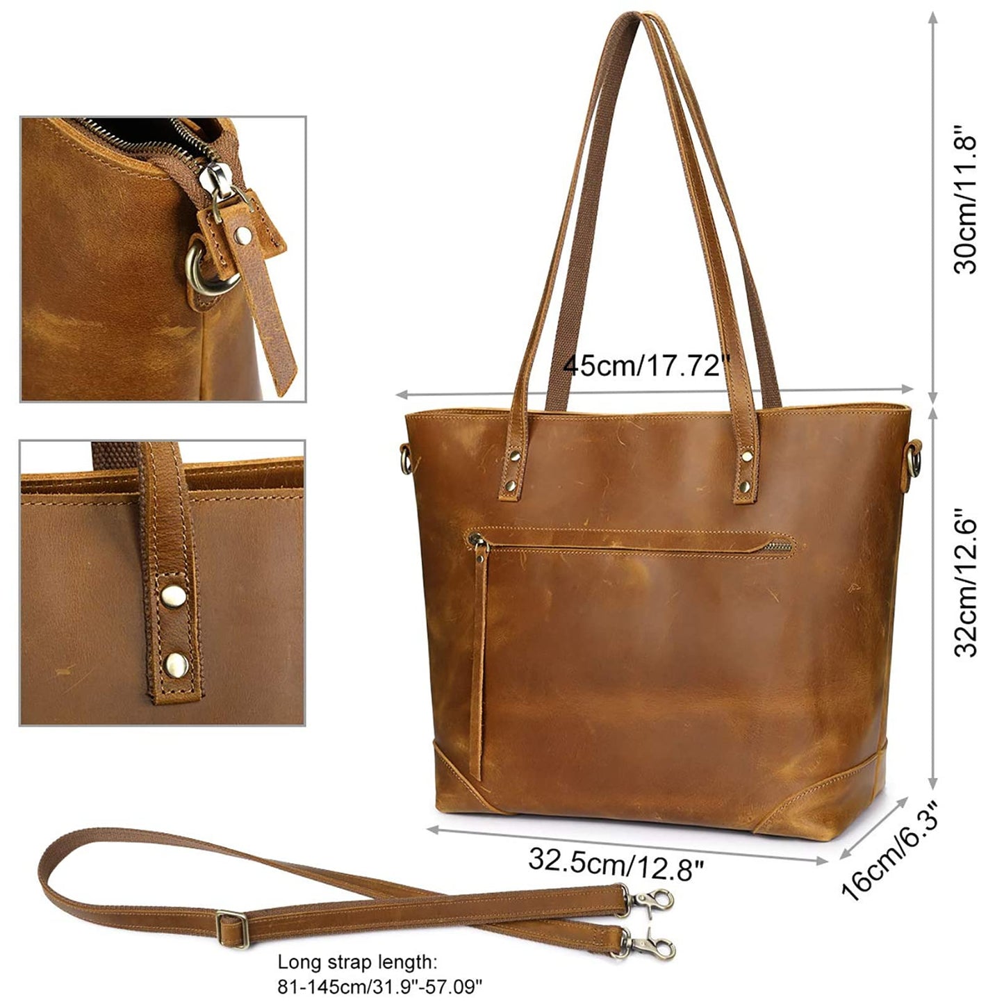 Vintage Genuine Leather Shoulder Laptop Bag Work Totes for Women Purse Handbag with Back Zipper Pocket