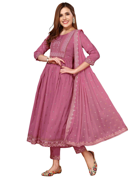 Cotton Silk Foil Printed Anarkali Kurta Pant With Dupatta Set