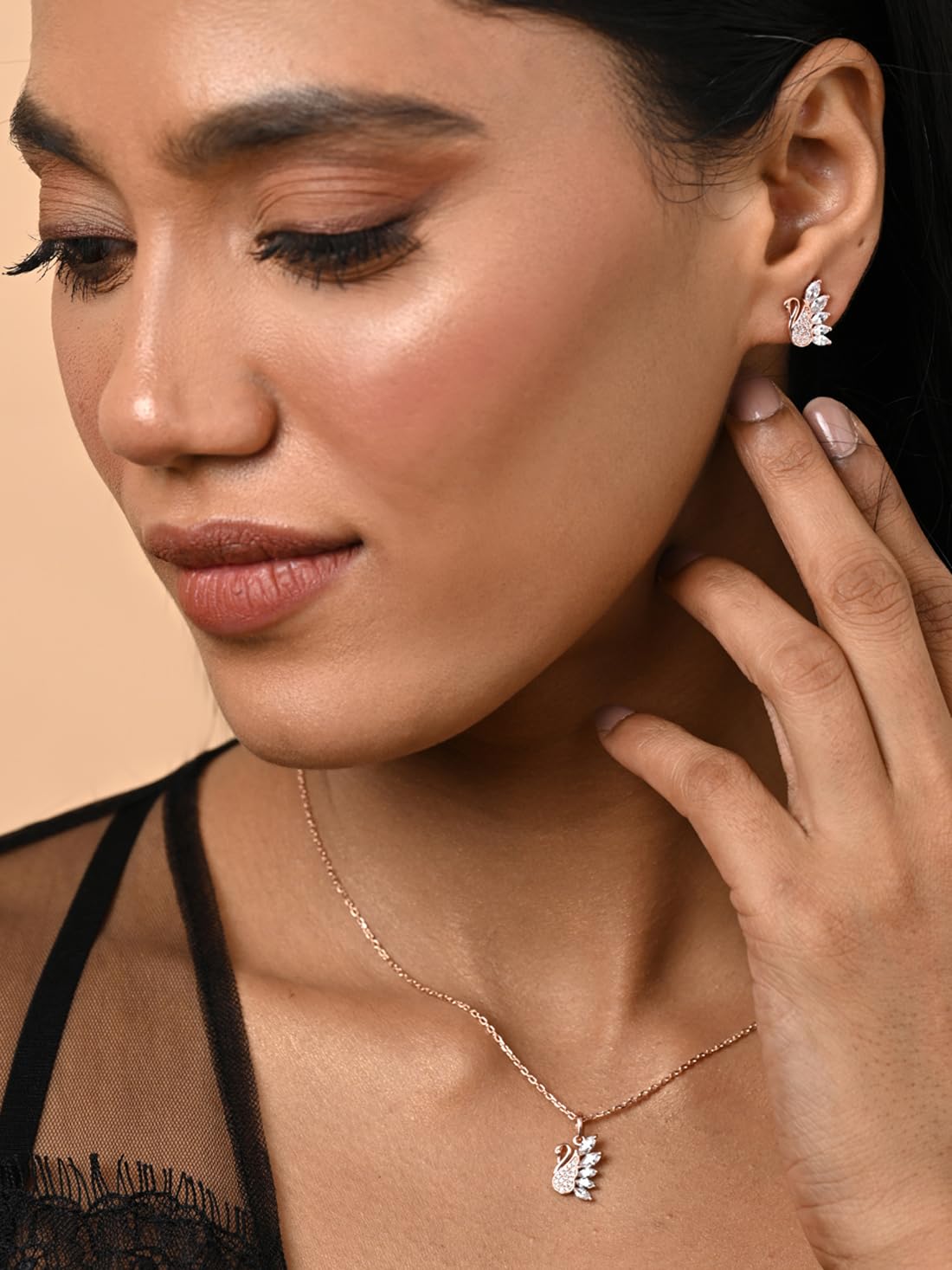 Sterling Silver Dancing Swan Pendant Earrings Chain Necklace Jewellery Set | Rose Gold Plated, Swiss Zirconia