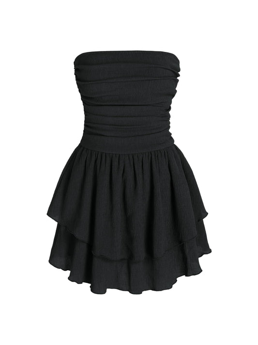 Summer Cocktail Dress - Tube Ruched Ruffle Mini Dress