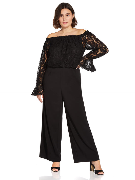 Knit Crepe Wide Leg Jumpsuit with Off the Shoulder Lace Top