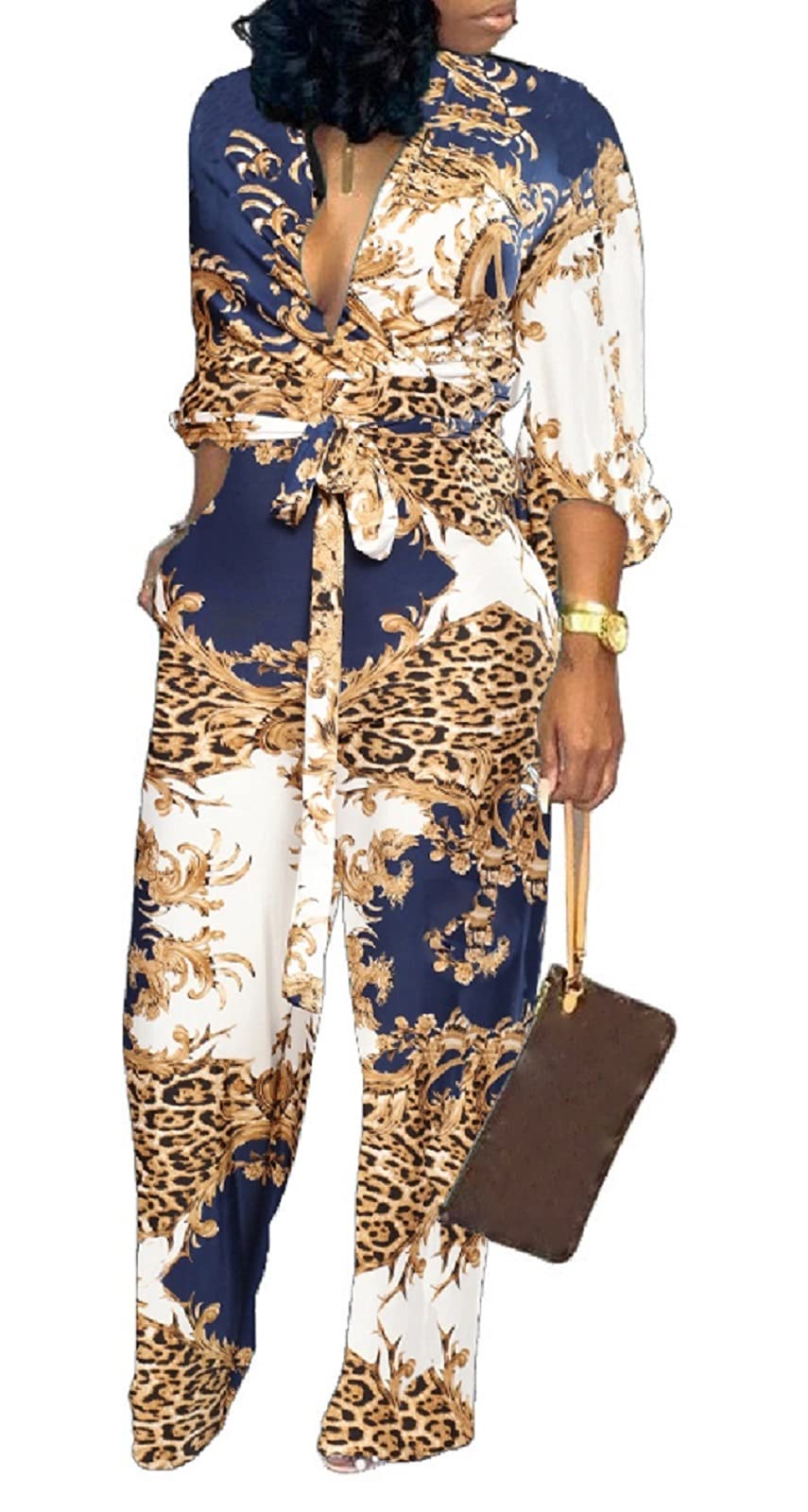 Floral Leopard Jumpsuits Long Sleeve Long Straight Pants with Pockets Belt