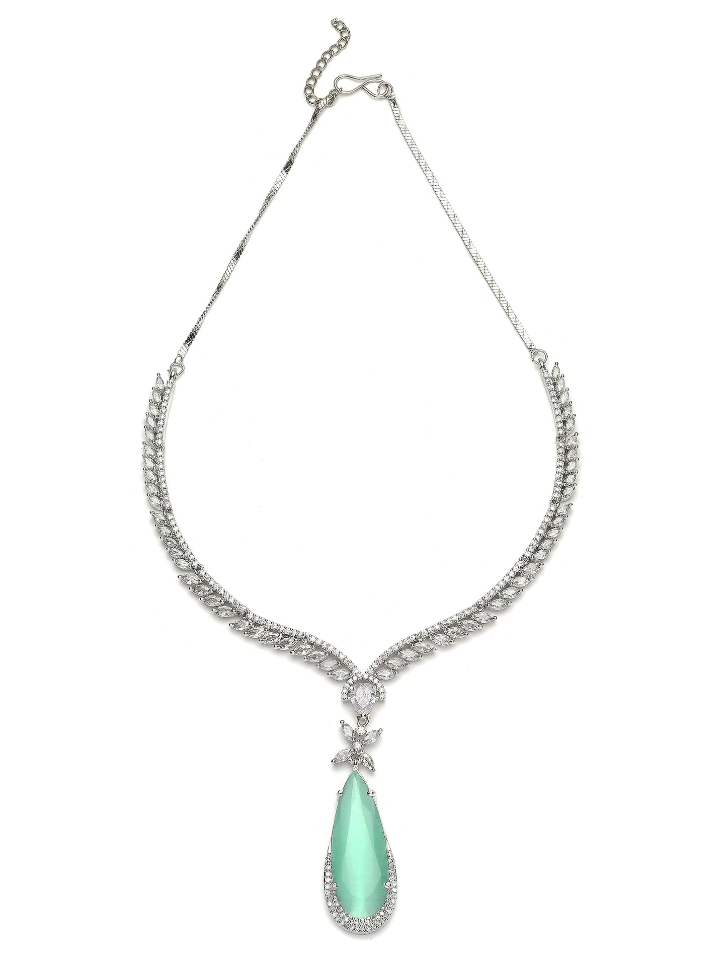 Silver Tone Blue Drop Shape American Diamond Studded Jewellery Set for Women
