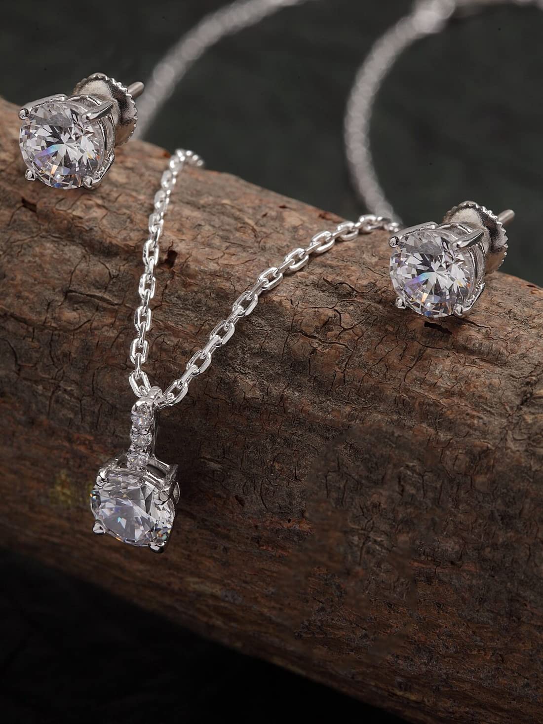 Sterling Silver Round Solitaire Pendant Earring Chain Jewellery Set | Rhodium Plated, Swiss Zirconia