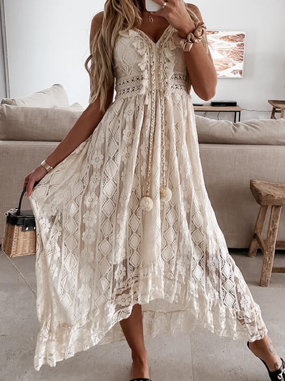 Summer Dresses Sleeveless Lace Casual Tassel Beach Spaghetti Straps