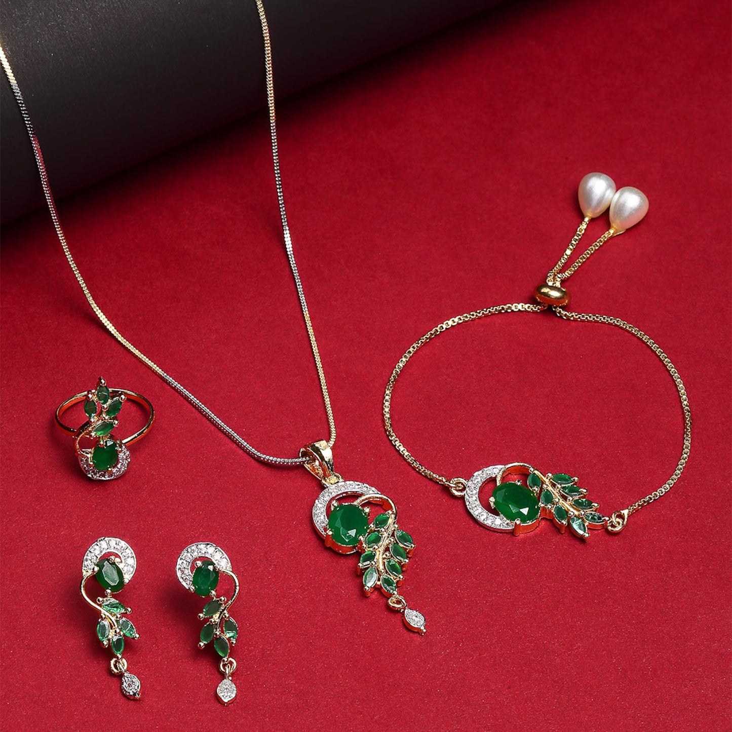 American Diamond Gold Plated Traditional Style Necklace Pendant Set, Ring, Bracelet with Earring Jewellery