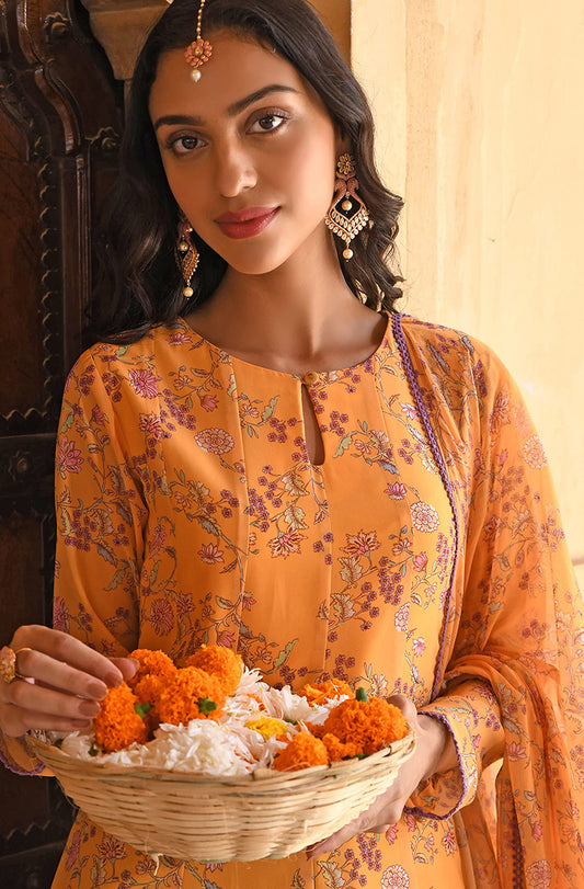 Yellow Flowy Printed Kurti Festive Evening wear Kurta Set with Dupatta