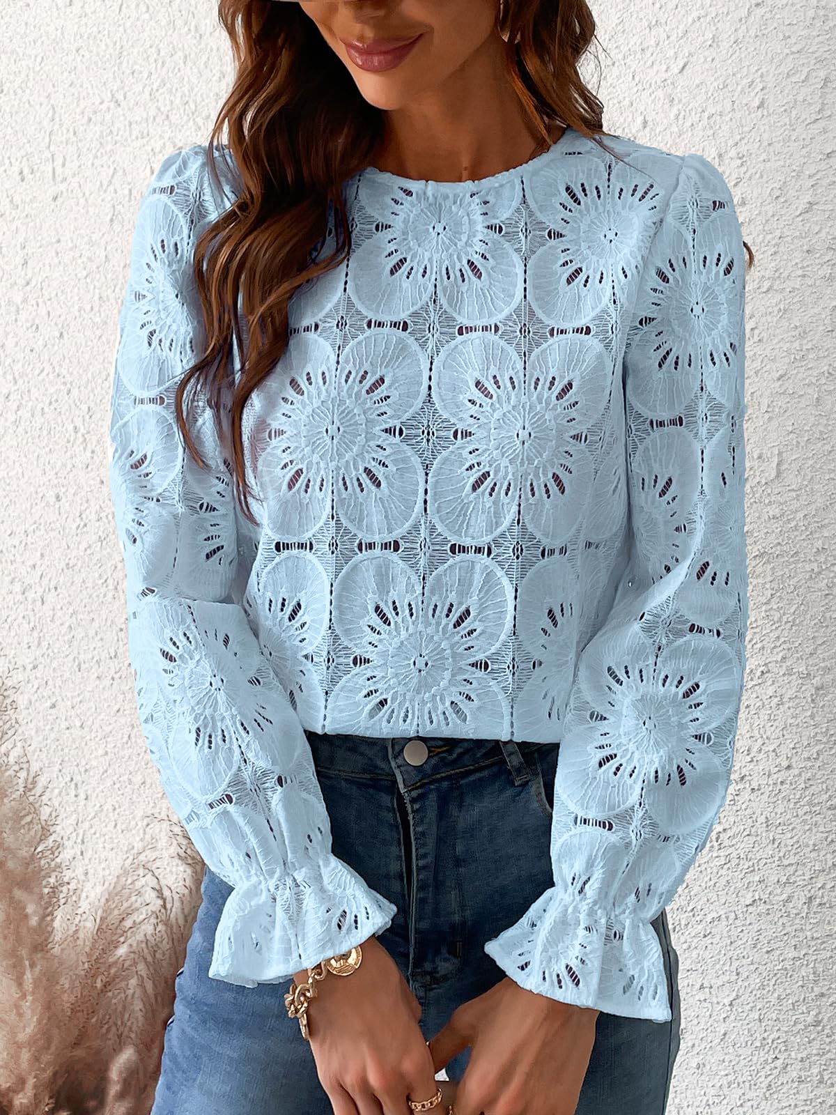 Women Eyelet Long Sleeve Tops Shirts Dressy Hollow Out Crochet Lace Embroidered