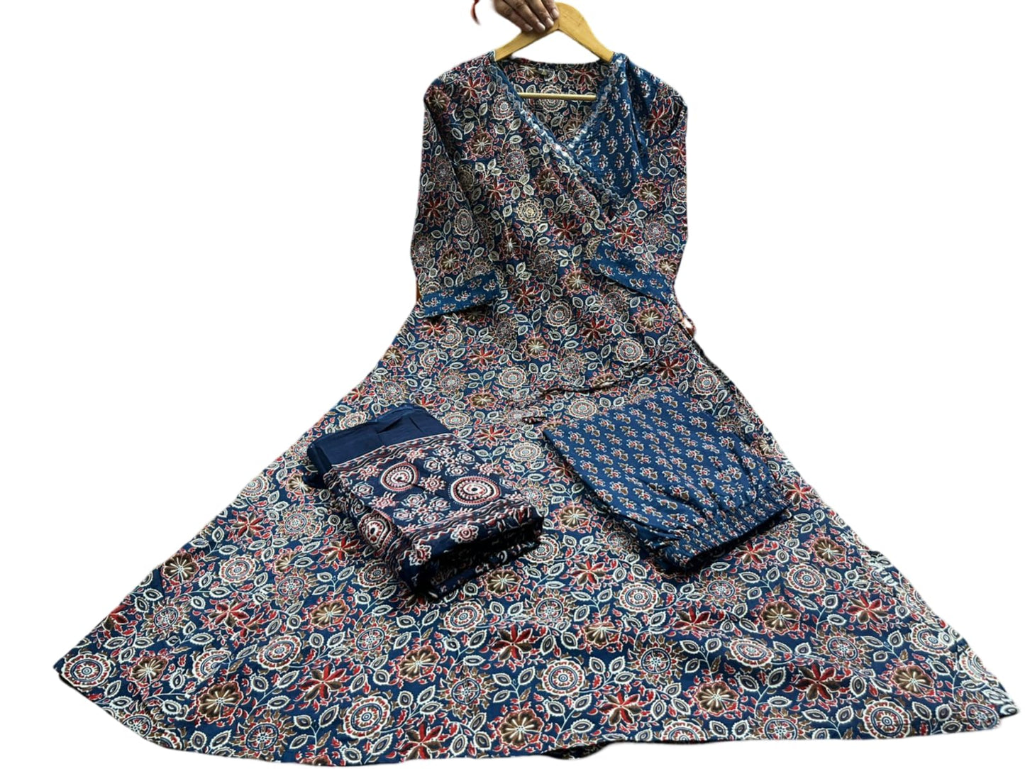 Blue Cotton Printed V-Neck Anarkali Kurti Pant Set with Dupatta