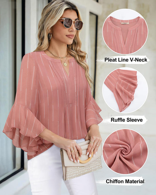 Women's 3/4 Sleeve Tops Dressy Casual Business Work Chiffon Office Shirts