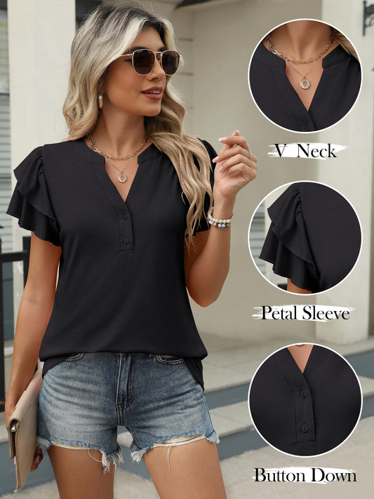 Womens Tops Dressy Casual Ruffle Short Sleeve V Neck