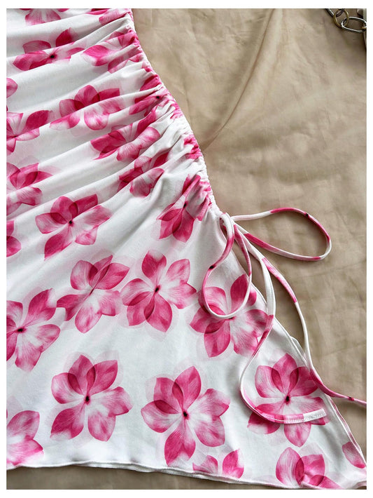 Floral Print Halter Dress Sleeveless Drawstring Asymmetrical Hem Bodycon Dress