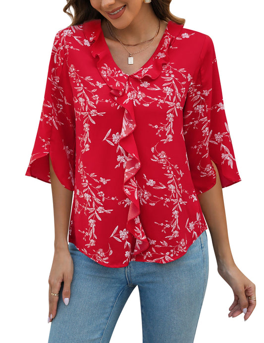 Blooming Jelly Dressy Casual  3/4 Sleeve V Neck Ruffle Tops