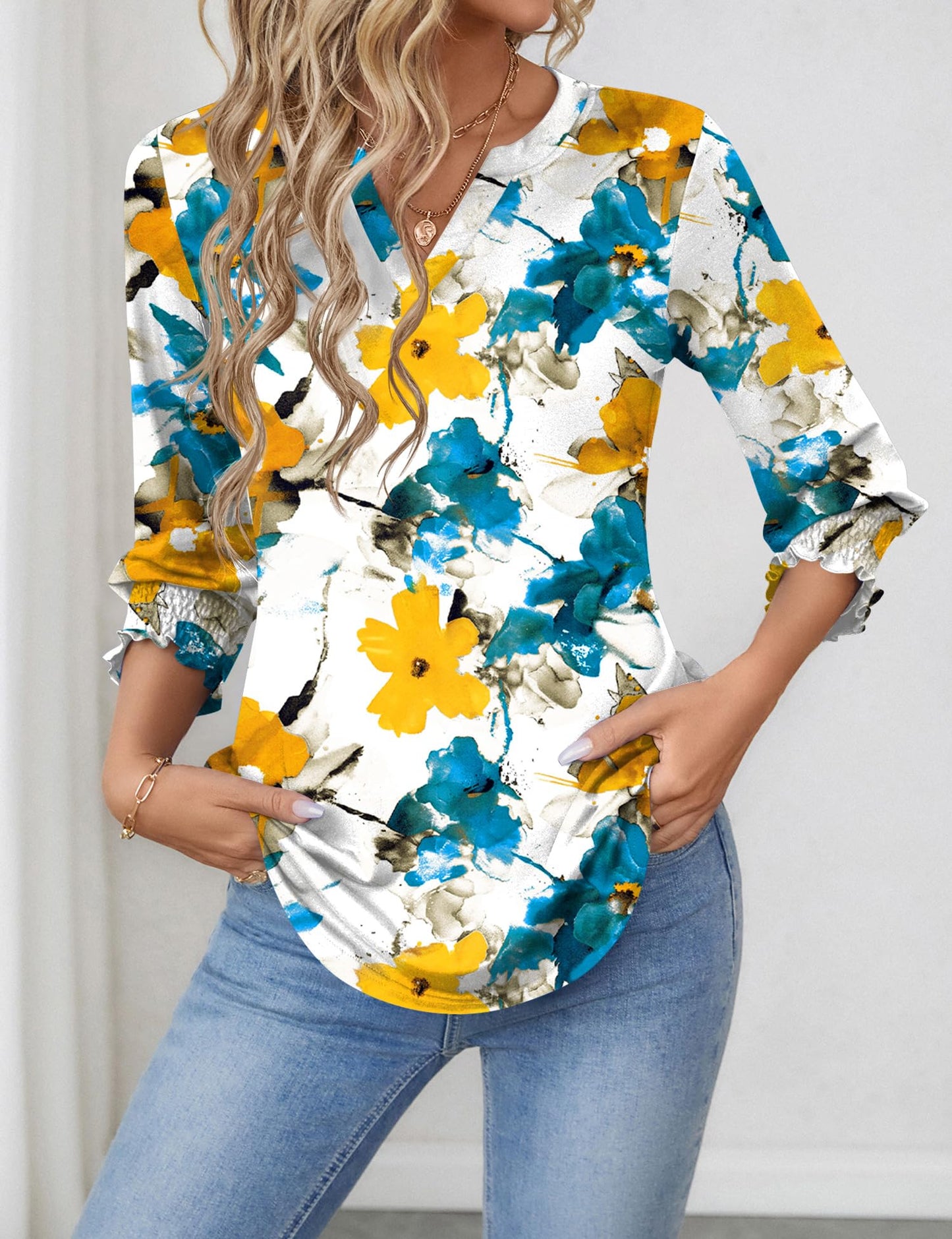 Women's V Neck 3/4 Sleeve T Shirts Casual  Summer Tees Shirts