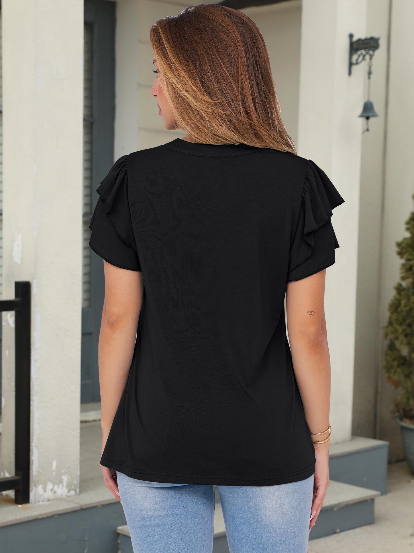 Womens Tops Dressy Casual Ruffle Short Sleeve V Neck