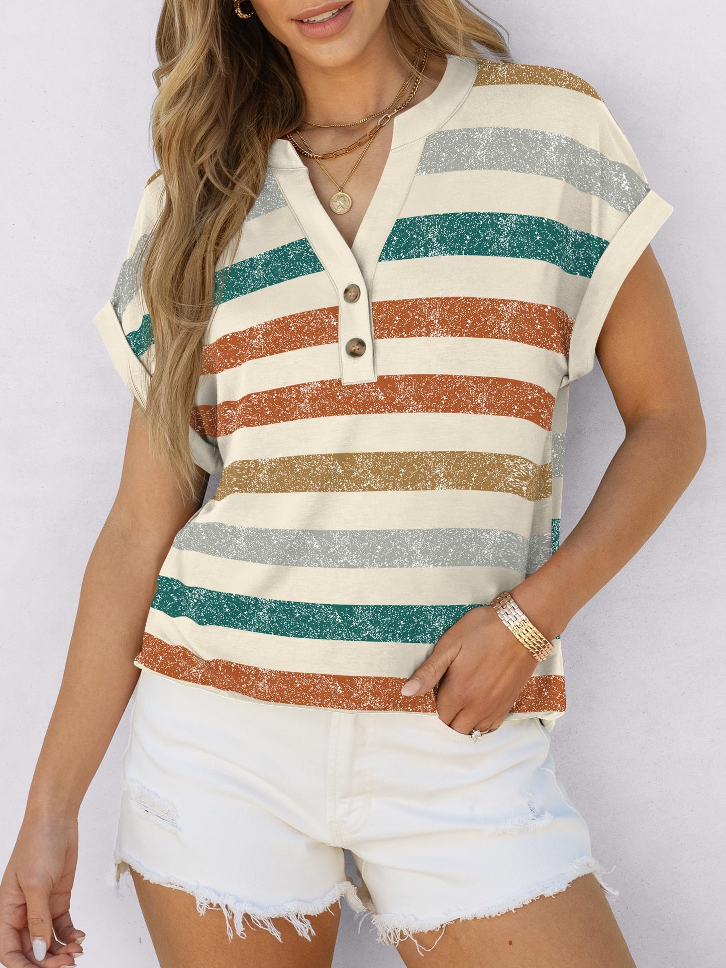 Short Sleeve Henley Tops V Neck Dressy Casual Loose Fit Shirts