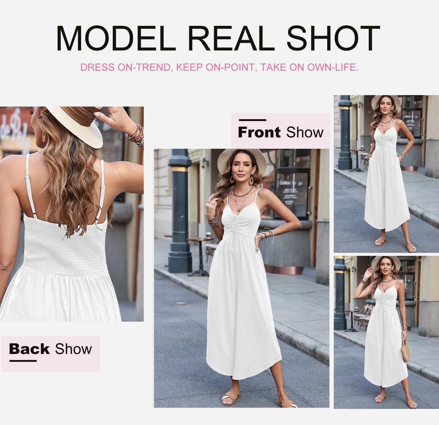 V-Neck Spaghetti Straps Fashion Ruched Drawstring Smocked Wide Leg Rompers