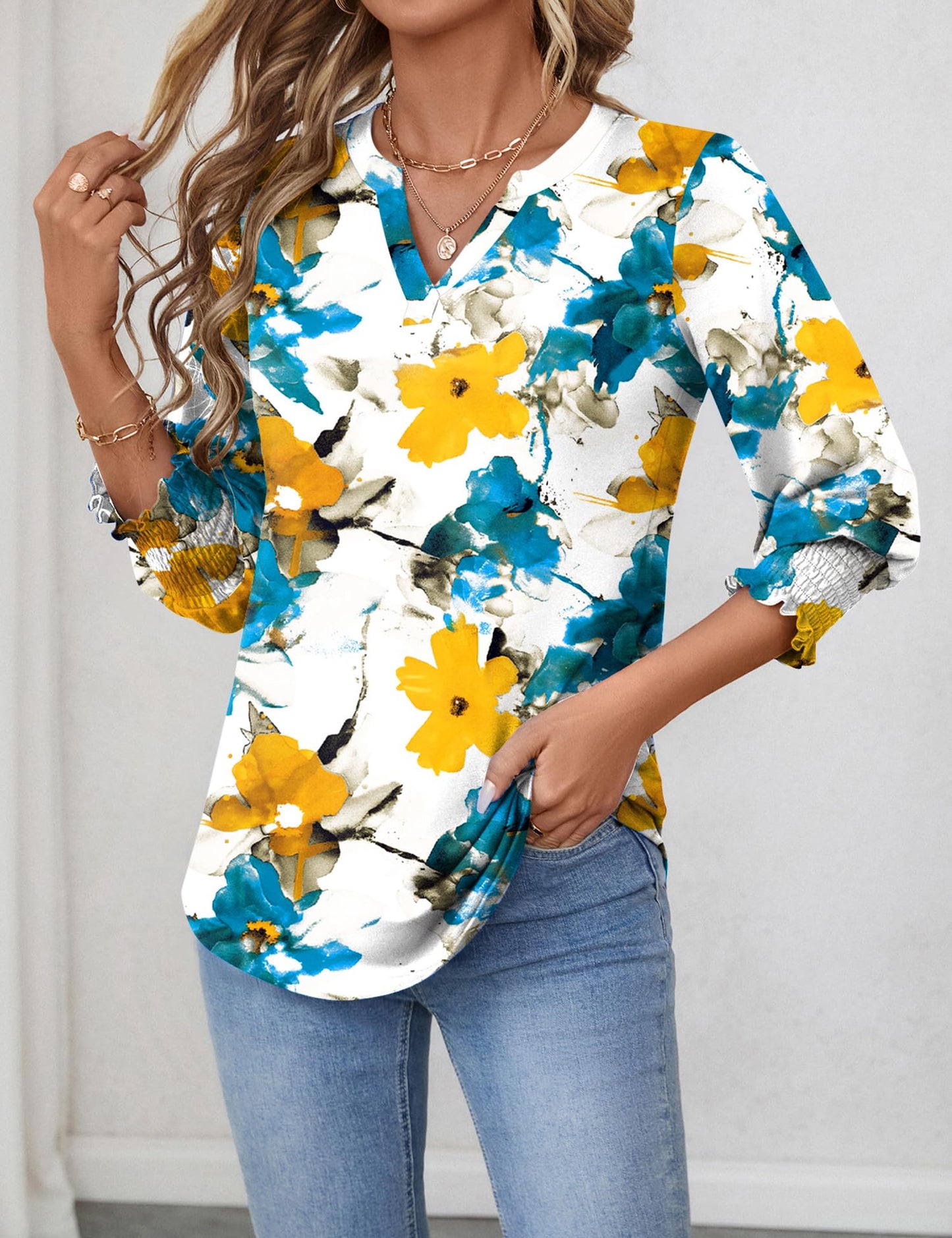 Women's V Neck 3/4 Sleeve T Shirts Casual  Summer Tees Shirts