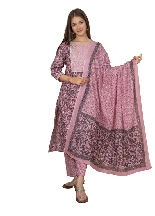 Cotton Printed Dark Printed Straight Embroidery Kurta With Palazzo & Dupatta