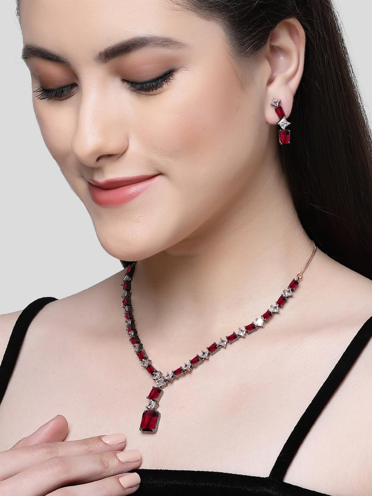 Pink American Diamond Studded Rose Gold Plated Necklace Set for Women