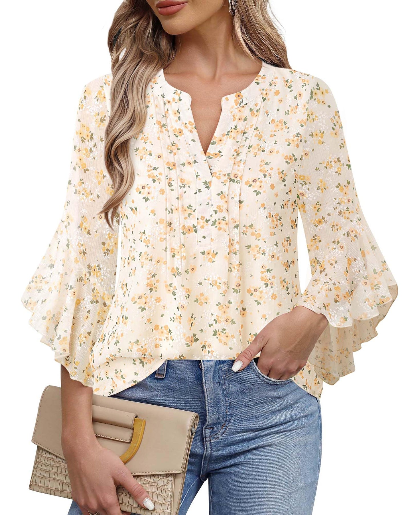 Women's 3/4 Sleeve Tops Dressy Casual Business Work Chiffon Office Shirts