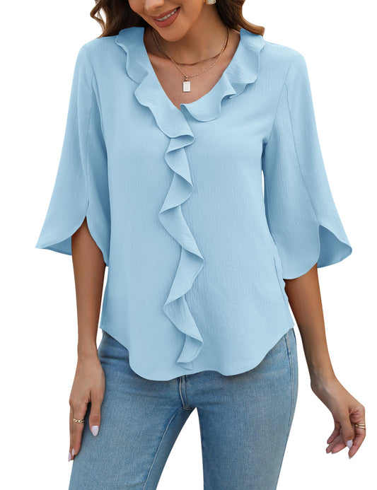 Blooming Jelly Casual top Sleeve V Neck Ruffle Tops