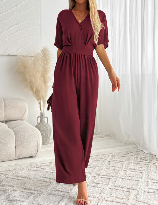 V Neck Wide Leg Pant Romper Casual Wedding Party One Piece Outfits Red