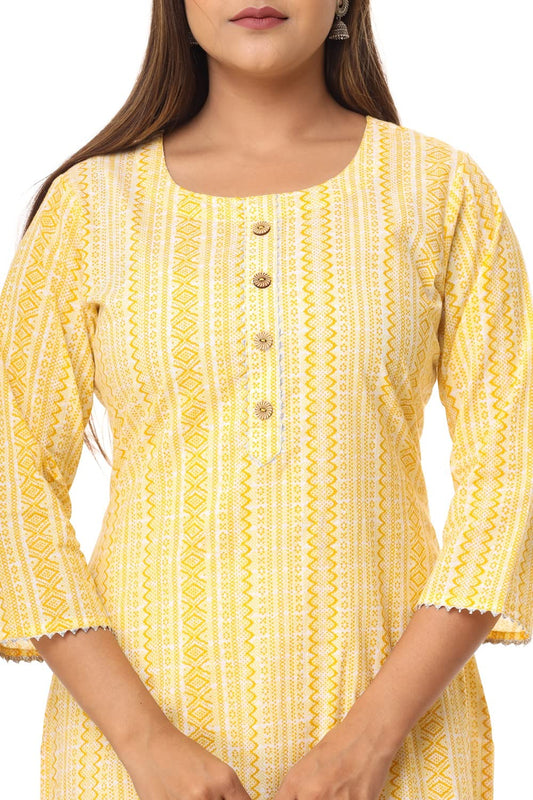 Leheriya Printed Casual Women Kurti yellow Tunic Top