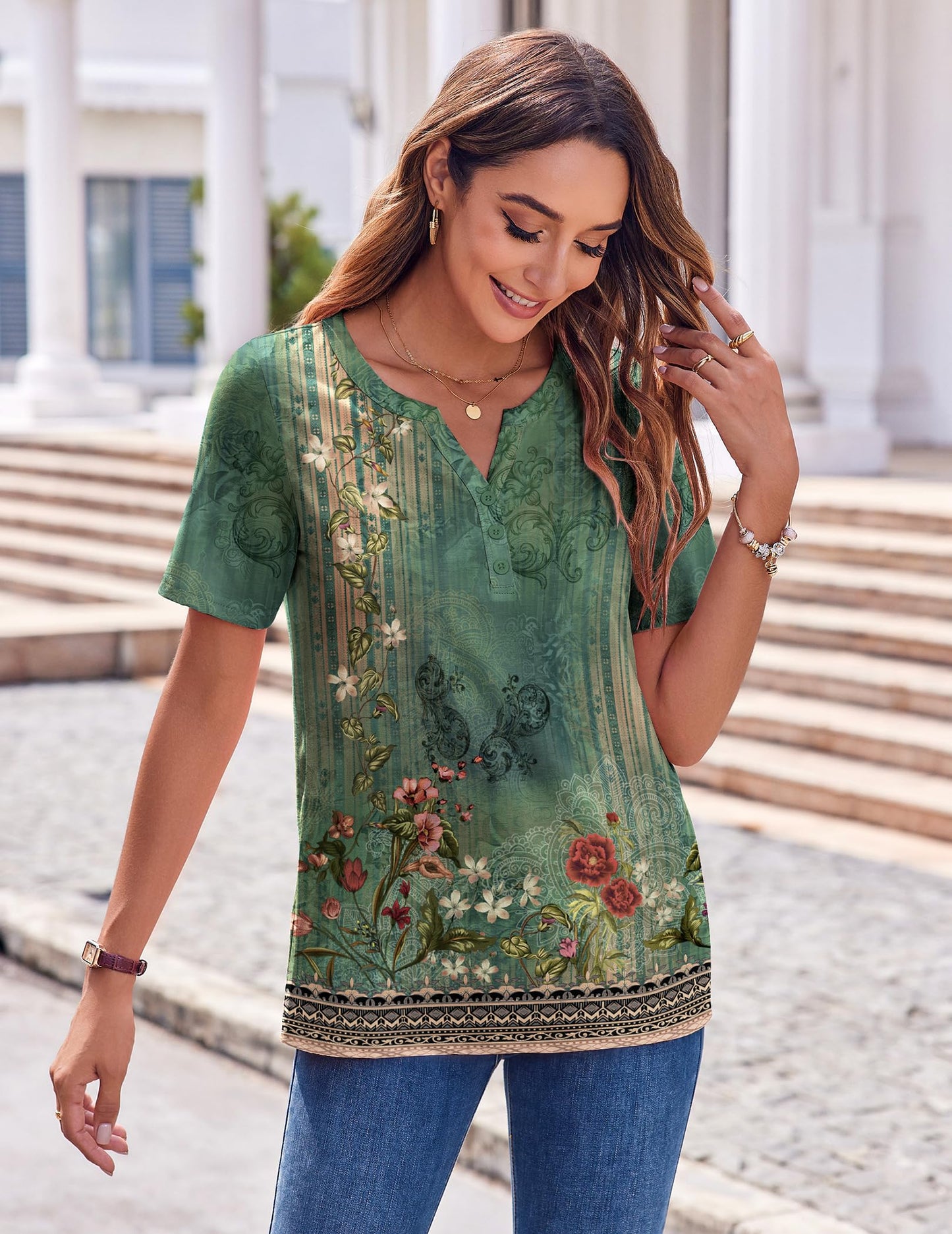 Womens Summer Tops Casual Short Sleeve V Neck Shirts