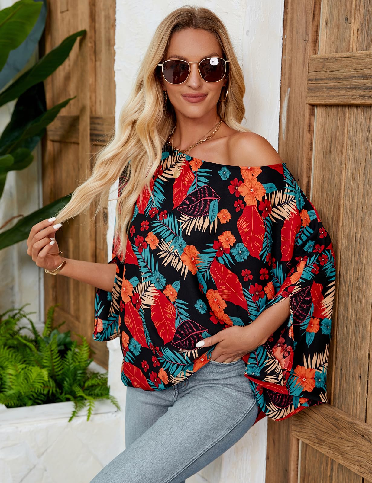 Off The Shoulder Flowy Tops Casual Batwing Sleeves Loose Chiffon Shirts