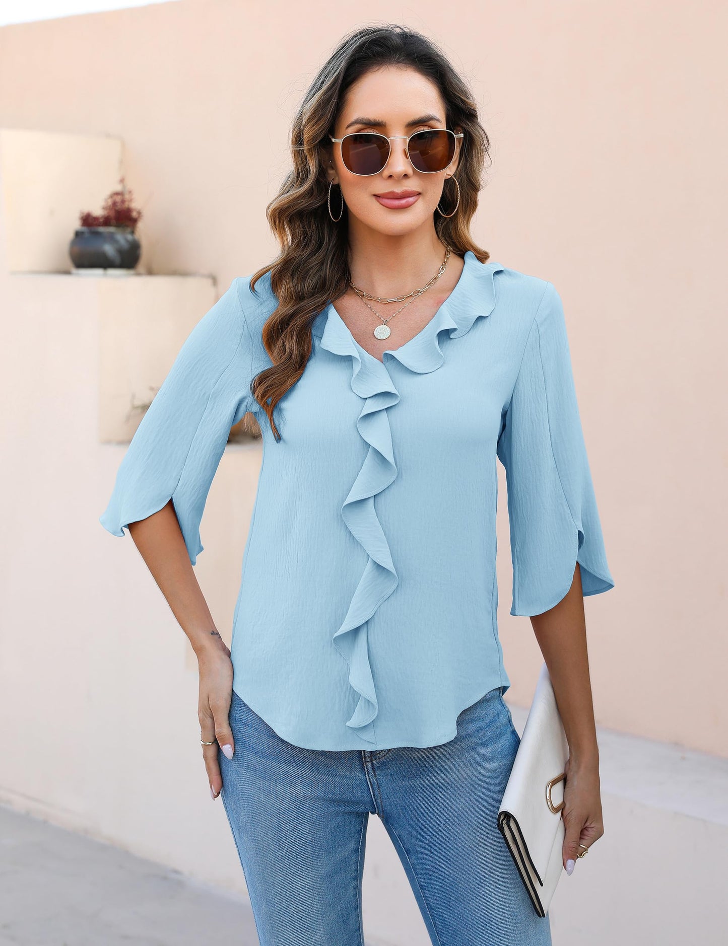 Blooming Jelly Casual top Sleeve V Neck Ruffle Tops