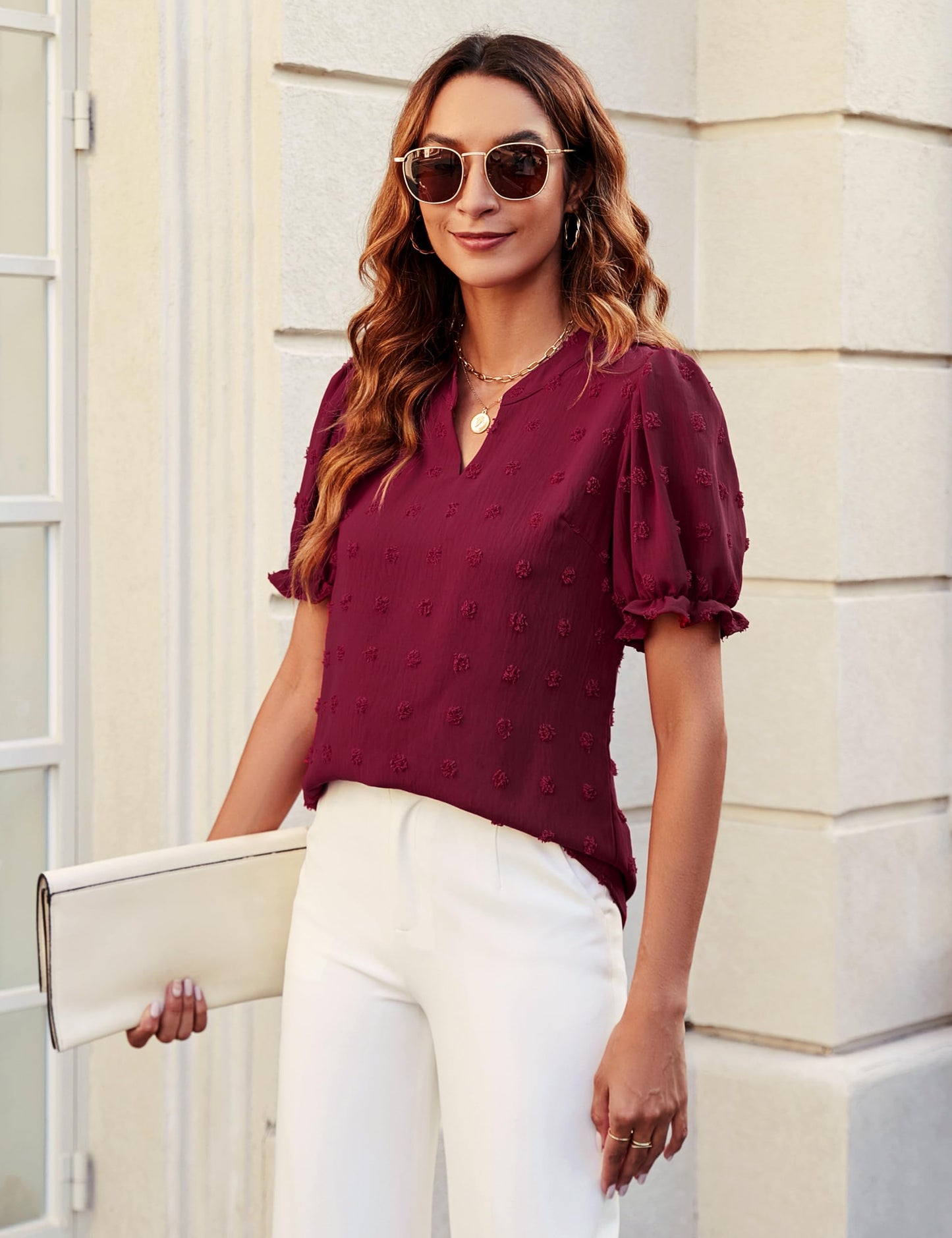 Women's Puff Sleeve Casual Tops Fashion White Polka Dot