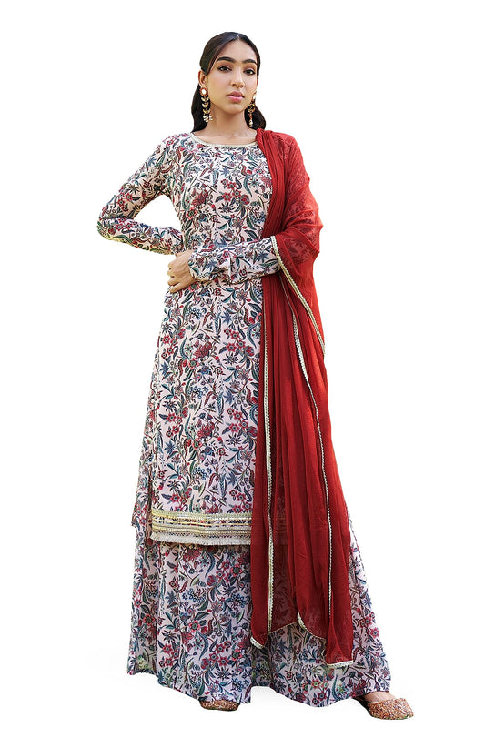 Beige Flowy Digital Print Kurti