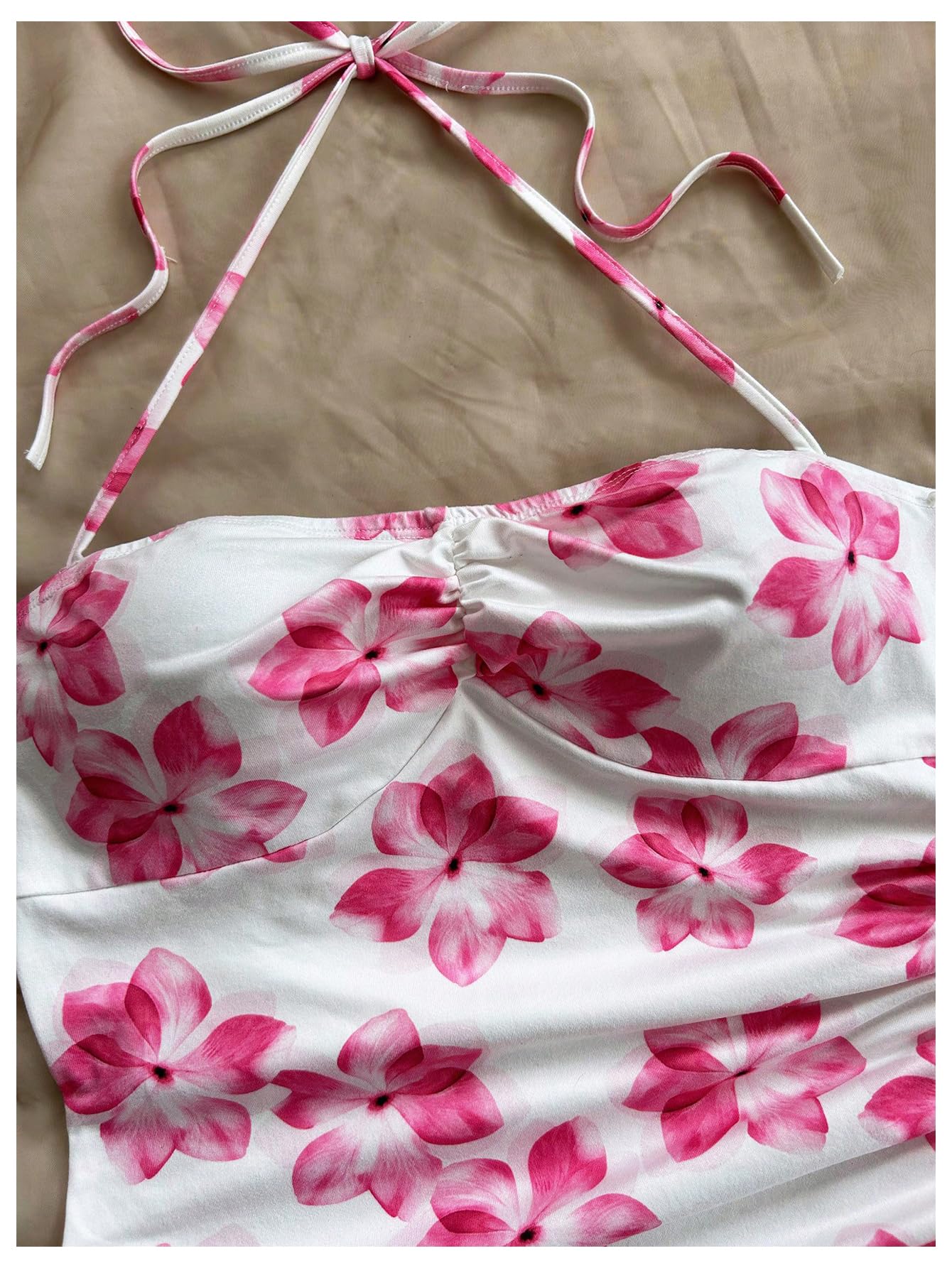 Floral Print Halter Dress Sleeveless Drawstring Asymmetrical Hem Bodycon Dress